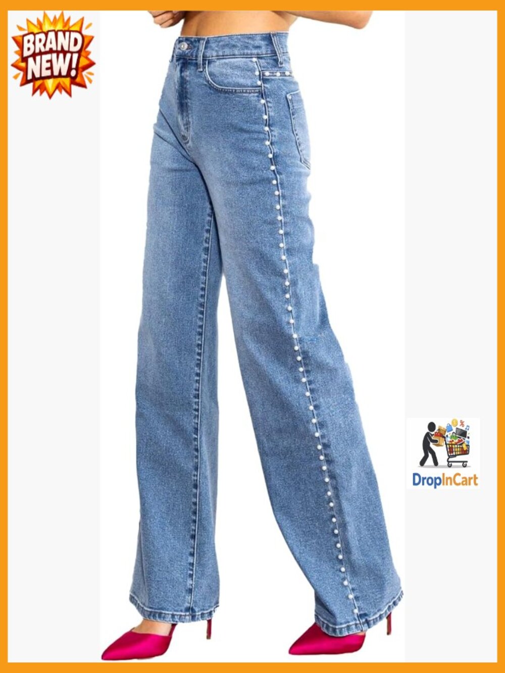 High Waisted Wide Leg Jeans Stretchy Pearl Beaded Y2K Trendy Baggy Denim
